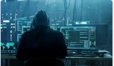 Hacker at multiple computer screens